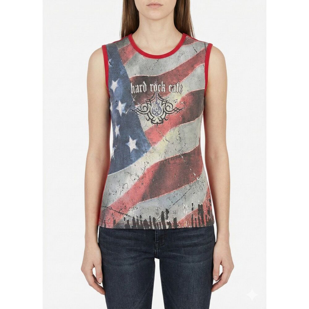 Hard Rock Cafe Y2K American Flag Tank Top S Hollywood Grunge Sleaze 100% Cotton
